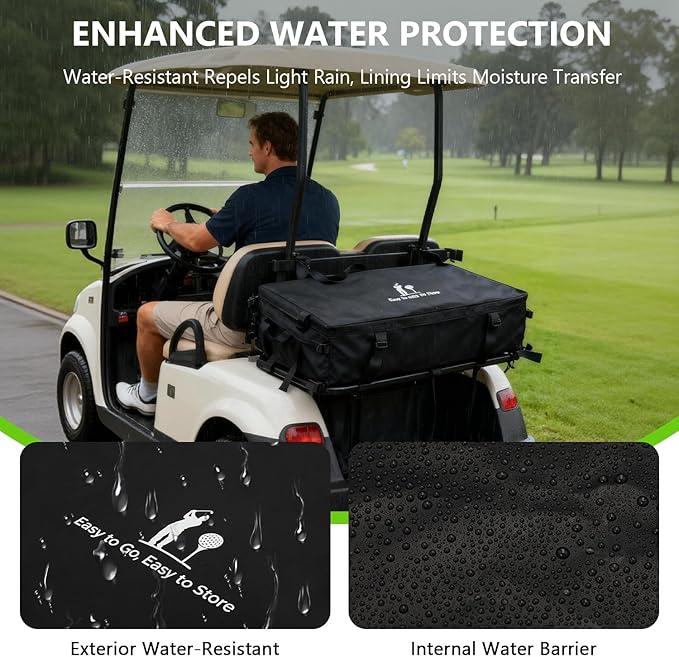 Golf Cart Storage Bag, Golf Cart Accessories Compatible with Yamaha, Club Car, EZGO, Cargo Box with Strong Buckles & Adjustable Straps for 2+2 Passenger Golf Carts, No-Drill Design (Bag Only)
