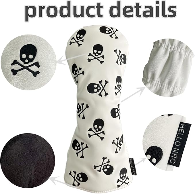 Golf Club Headcover 3 Wood Headcover Hybrid UT Covers White Skull Embroidery, Premium Leather Driver Head Covers Hybrid Headcover Fairway Wood Cover for Golf Clubs