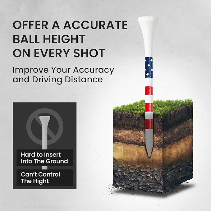 Premium Bamboo Wood Golf Tees Unique Box Design 18-Pack Per Box Value 18/72/180 Pack, Wooden Tees in 2 3/4" 3 1/4" Durable for Golfers, USA Flag Design Pro Tee Choice