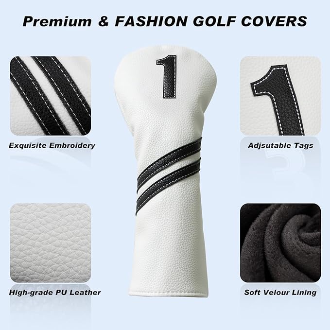 Golf Club Covers,4pcs or 1pc Golf Headcovers for Woods and Driver Fairway Hybrids Women Men - Premium PU Leather with Interchangeable Tags & Magnetic Blade and Mallet Putter Covers