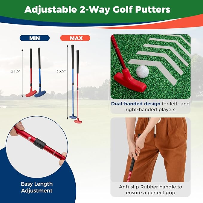Goplus Putting Green Mat, Portable Golf Game Set with 2 Adjustable Putters, 6 Balls, Carrying Bag, Golf Putting Mat for Party, Practice, Home, Backyard