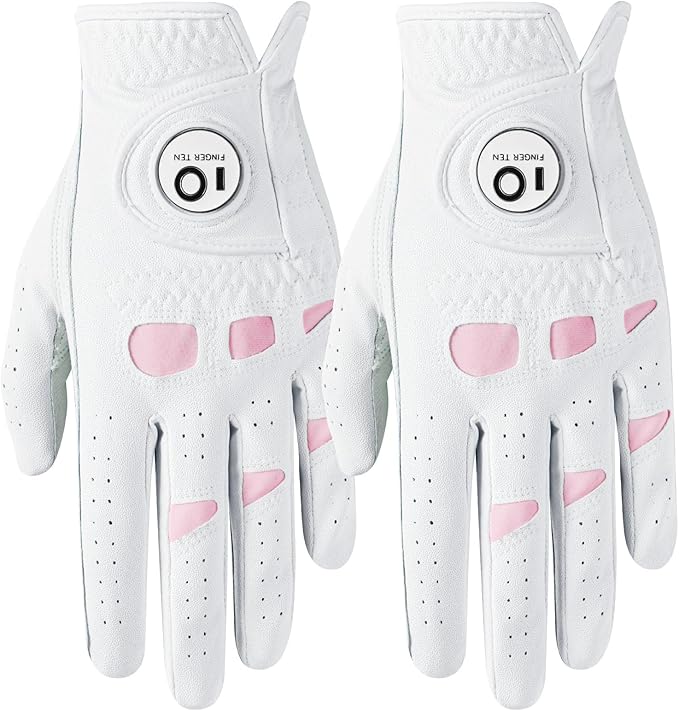 FINGER TEN Golf Gloves Women Leather Glove with Ball Marker for Ladies - Enhanced Grip, Comfort & Durability for Female Golfers