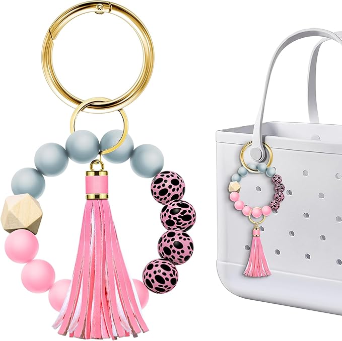 Tote Bag Charm Compatible with Bogg Bag Accessories, Bead Tassel Beach keychain Wrist Leopard Purse Charm Girl Women
