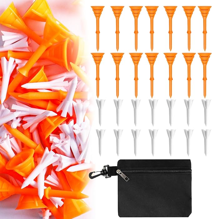 FINGER TEN Golf Tees Plastic Unbreakable 30 Tees 3 1/4 Inch and 20 More Short Tees 1 1/2 Inch with Black Golf Tee Bag, Easy to Find Value Gift Set