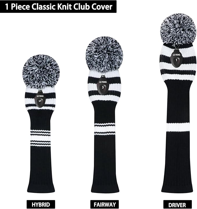 LeFeng 1Pcs Golf Club Cover, Knitted Golf Head Cover for 460cc Driver Fairway Woods and Hybrid with Cute Pom Pom and Number Tag