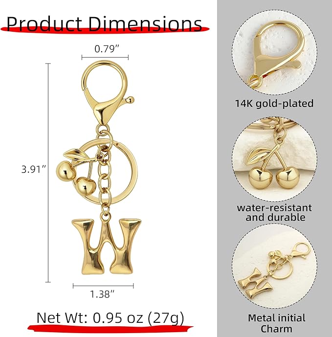 Gold Bubble Heart, Cherry, Bow & More Designs Letter Initial Keychain Bag Charms – Cute Purse Charms for Handbags