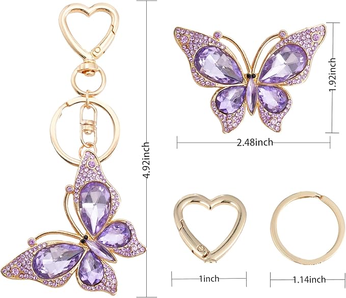 Weixiltc Charm Keychain for Women, Cute Heart Key Chain with Diamond Butterfly Pendant, Lovely Bag & Purse Keyring Accessory