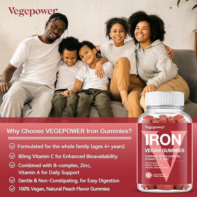 Vegan Iron Gummies Supplement - Multivitamin Supplement with Vitamin C, A, B & Zinc - Health Blood & Energy Support for Iron Deficiency, Anemia, No After Taste - Peach Flavor（2 Packs）