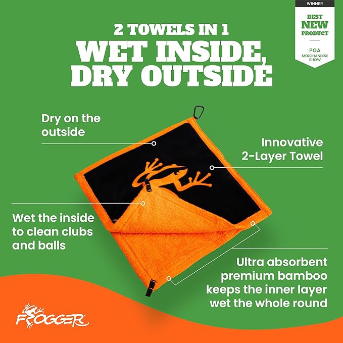Frogger Amphibian 2-in-1 Golf Towel with Wet and Dry Technology, Green, Premium Golf Bag Accessory with Carabiner Clip, Ultra Absorbent, for Golf Dads