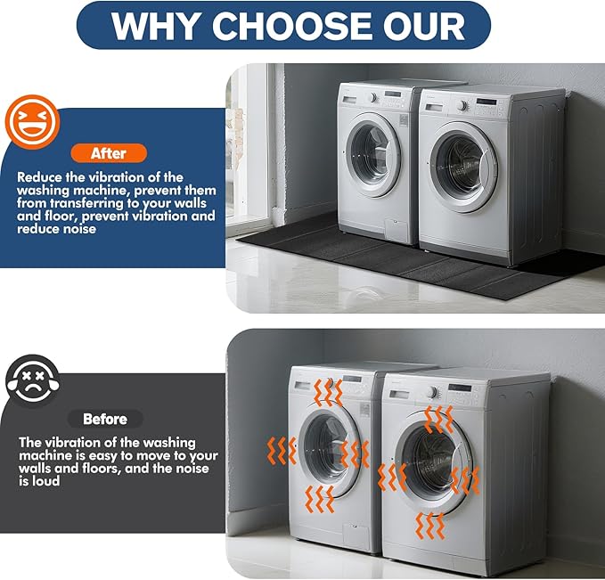 Washer Dryer Anti-Vibration Mat 62.9 * 29.5 Inches Foldable Rubber Mat for Washing Machine Dryer Waterproof Noise Reducing Pads Non-Slip Shockproof Mat for Floor Protection
