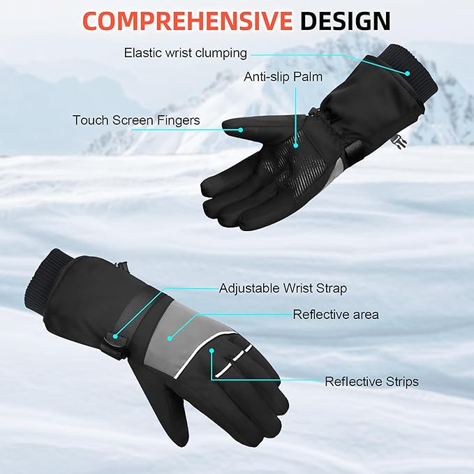 Winter Waterproof Ski Snow Warm Gloves for Women Men, Windproof Cold Weather Thermal with Touchscreen Fingers, for Running Driving Cycling Hiking Biking Outdoor Sports