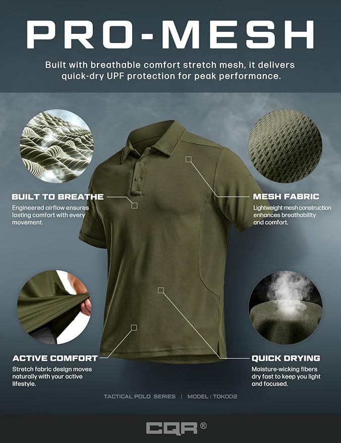 CQR Men's Polo Shirts, Tactical Short Sleeve Golf Performance Shirts, Lightweight Dry Fit UPF 50+ Pique