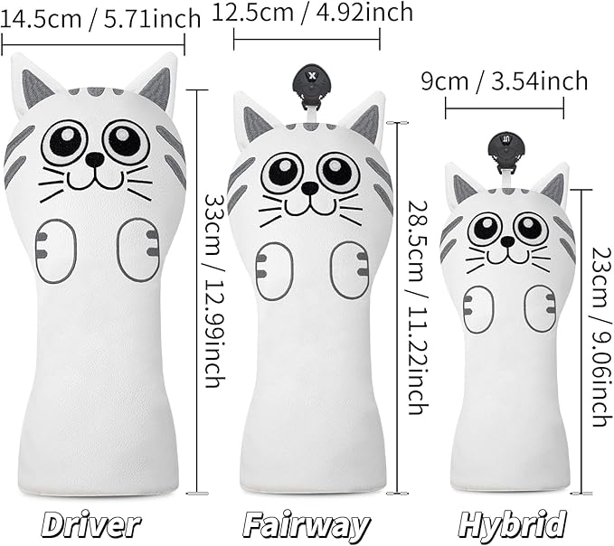 Golf Kitty Head Cover Golf Club White Leather Headcovers 1pc/4pcs Set Fits Driver Fairway Wood Hybrid Utility Putter Iron Wedge Headcover.