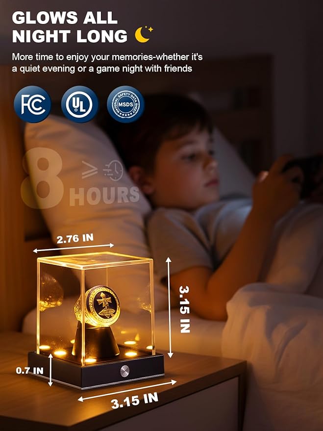 JupDec Cordless LED Championship Ring Display Case, Clear Acrylic Single Ring Holder with 10 Color Light up, Autograph Ring Showcase with Memory Function, Ideal Gift for Sports Fans