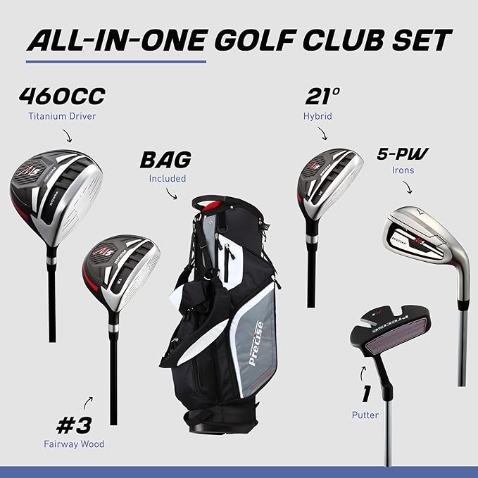Precise M5 Men’s Golf Set – 460cc Driver, Wood, Hybrid, 5-PW Irons, Putter, Stand Bag, 3 Headcovers