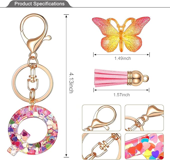 JINGUAZI Initial letter Keychains for Women Tassel Butterfly Pink Purple Cute Car Keychain for Wallet Backpack bag charm