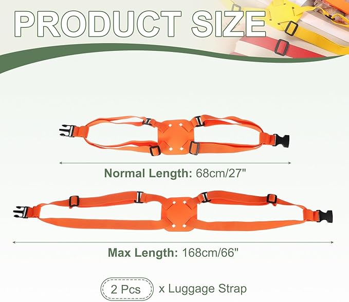 Adjustable Luggage Straps, Suitcase Elastic Strap Bag Bungee with Buckles Travel Accessories - Fitting for(Travel/Add A Bag/Securing Luggage), 27-66 Inch & 2Pcs & Orange