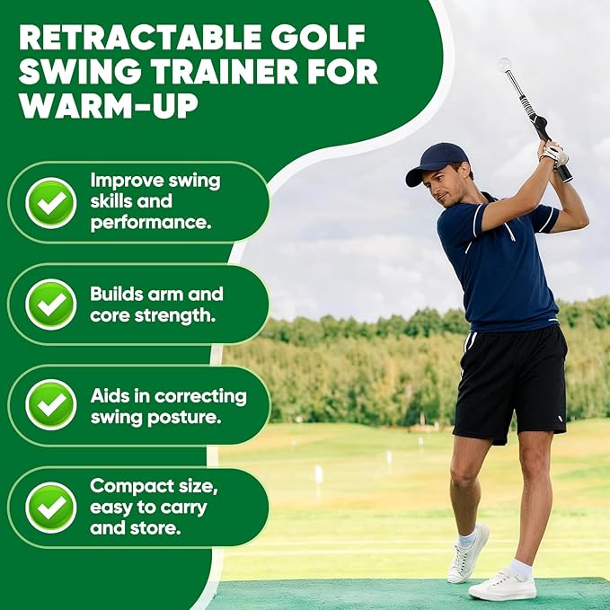 Retractable Golf Swing Training Aid - Portable Grip Trainer with Click Feedback for Right Handed Golfers, Portable Swing Tempo Trainer with Arm Band for Indoor & Outdoor Practice