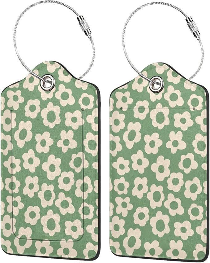 Leather Luggage Tags for Adults Teens,2 Pack Vintage Groovy Flowers Travel Bag Suitcase Labels with Stainless Steel Loop ID Tags Card Baggage Bag Label