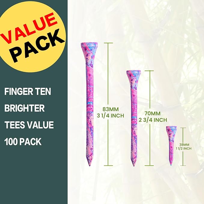 FINGER TEN Golf Tees Stylish Bamboo Wooden Coloured Painted Value 100 Pack, Durable 3 1/4 2 3/4 1 1/2 Inch Long Short Tee, Cool Style Purple Pink Green Enhanced Visibility for Men Women
