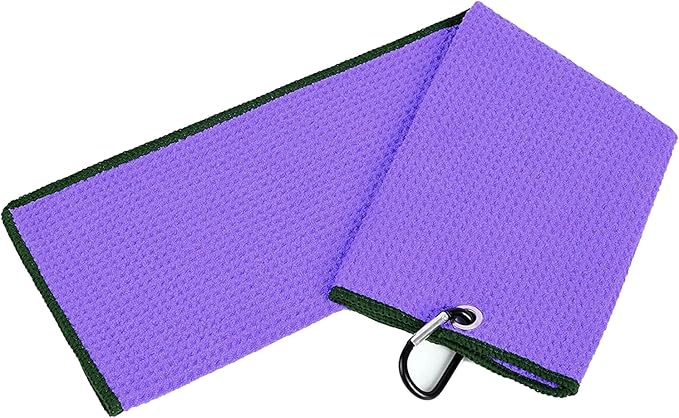 Golf Towels, Microfiber Waffle Pattern Tri-fold Golf Towel - Brush Tool Kit with Club Groove Cleaner, with Clip Men Women Golf Gifts (Purple Towel+Black Brush)