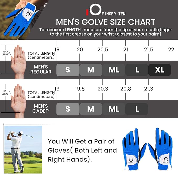 FINGER TEN Premium Rain Grip Men's Golf Gloves 1 Pair, Hot Wet Weather No Sweat Glove for Serious Feel & Performance, Left Right Hand Black Gray White Blue Fit Size S M L XL 2XL 3XL