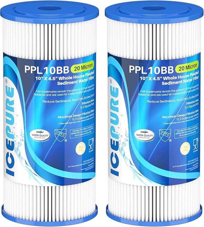 ICEPURE 20 Micron 10" x 4.5" Whole House Extra Coarse Pleated Sediment Filter for Well Water, Replacement Cartridge for GE FXHSC, DuPont WFHDC3001, R50-BB, Culligan R50-BBSA, W50PEHD, 2Pack
