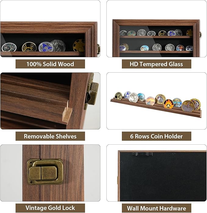 7 Rows Challenge Coin Display Case with HD Tempered Glass - Wall Mountable, Holds 100 Coins, Medal Display Cabinet Military Shadow Box with Removable 2-Groove Shelves, Poker Chips Holder, Rust Brown
