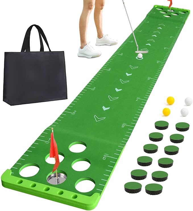 Golf Putting Game Set with Front Border for Indoor & Outdoor,Golf Putting Green Mat Include 4 Balls,1 Portable Bag,2 Flags&Cups,Practice Training Aid for Backyard,Party,Office