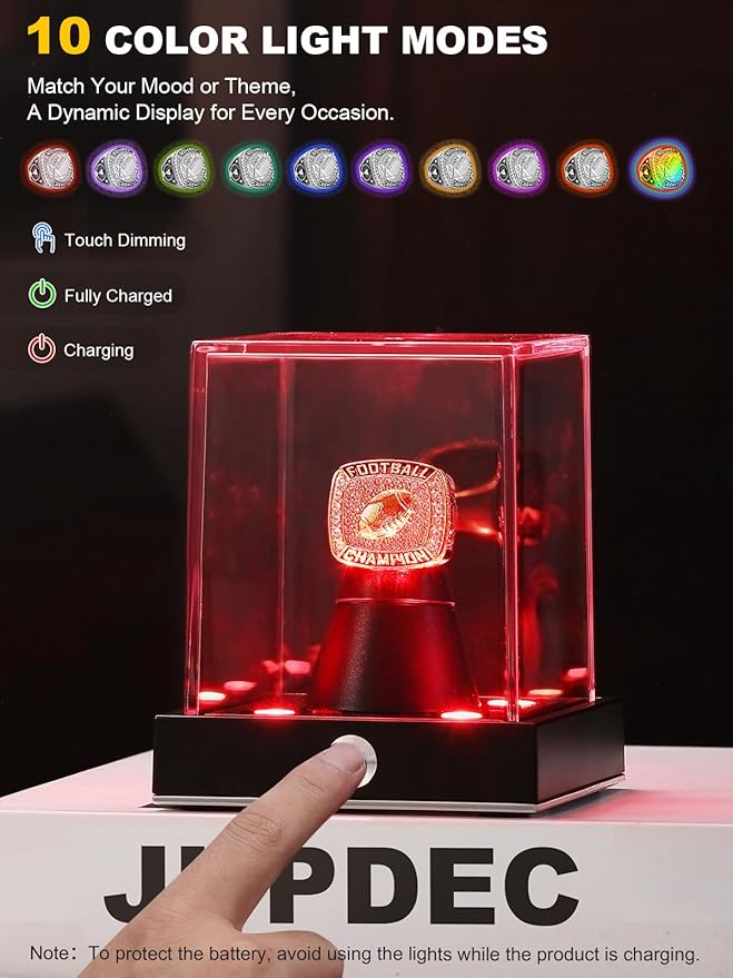 JupDec Cordless LED Championship Ring Display Case, Clear Acrylic Single Ring Holder with 10 Color Light up, Autograph Ring Showcase with Memory Function, Ideal Gift for Sports Fans