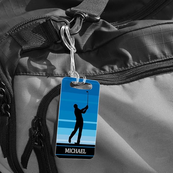 ChalkTalkSPORTS Golf Luggage & Bag Tag | Personalized Male Golfer | Standard Lines on Back | Small | Blue