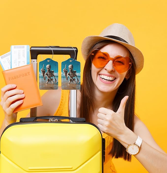 TSA Approved Luggage Tags Skeleton Beach Skull for Suitcases 2 Pack Funny Leather Carnival Cruise Airport Cute Travel Name Tags Golf Bag tag Ships Essentials Privacy Cover ID Label for Women Men