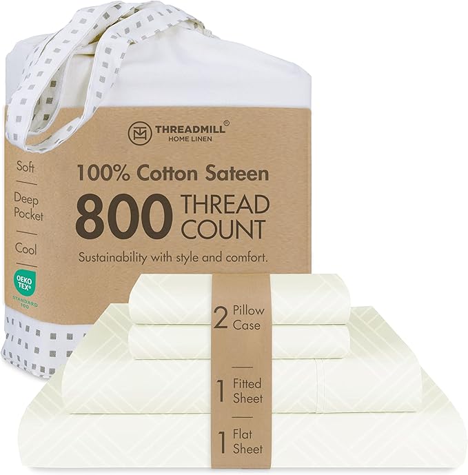 Threadmill Luxury 100% Cotton King Sheets - 800 Thread Count Jacquard Celine Ivory, Better Than Egyptian Cotton,4 Pc Striped Bed Set, Damask Sheets, Fits 16'' Deep Pocket