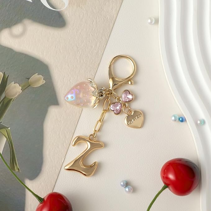 Snycler Bubble Initial Keychain with Strawberry & Bow- Gold Letter Bag Charms for Women, Cute Purse Handbag Accessories