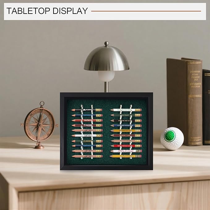 Golf Pencil Display Case, Holds 20 Round or Hexagonal Golf Pencils, Wall-Mount or Desktop Display Frame for Golf Tees, Home or Office Golf Decor and Collectibles