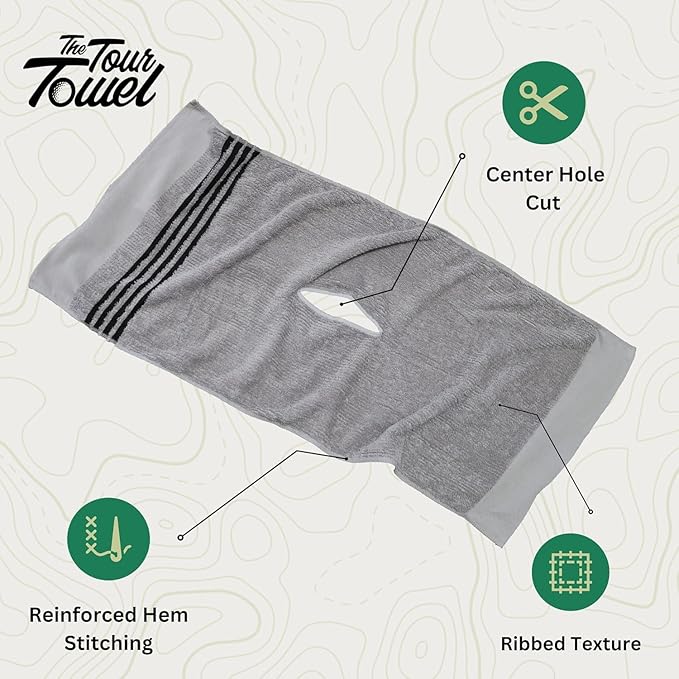 The Tour Towel | Large Golf Caddy Towel Terry Cloth, Absorbent 19" x 44", Center Cut, Perfect Hang Golf Cart Accessory and Golf Bag, Multiple Colors