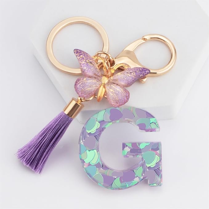 Suweibuke Colourful Cute Initial Letter Keychains for Women Girls with Tassel Butterfly, Charm for Purse Handbags Backpacks