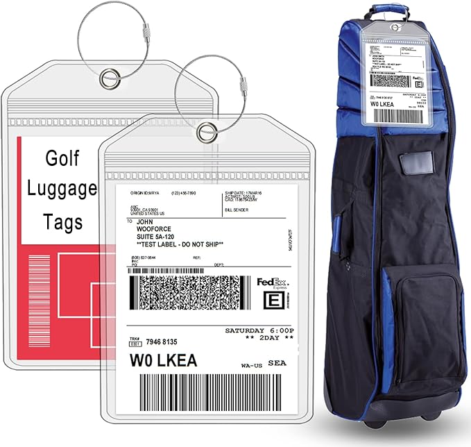 Extra Large Golf Luggage Tag 9" x 6 ", Shipping Label Holder for Golf Bag- Plastic Waterproof Zipper Pouch - PVC Luggage Tag Holders for Ship Sticks 2 Packs