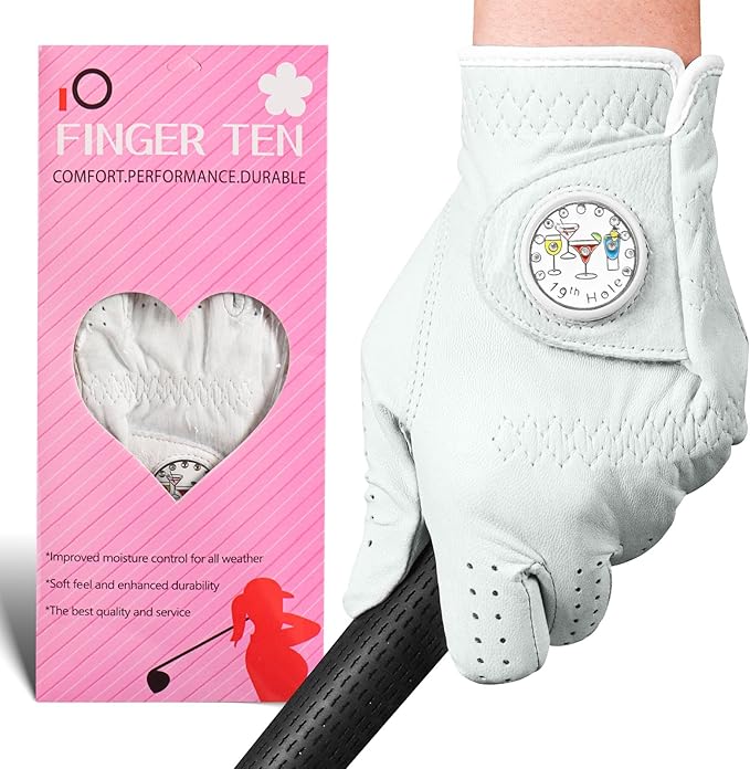 FINGER TEN Golf Gloves Women All Premium Cabretta Leather 1 Pack, Soft Comfortable & Breathable Grip Glove with Ball Marker Left Hand for Right Handed Golfer