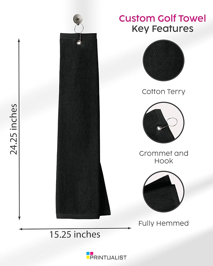 Custom Golf Towel for Golf Bags, Balls - Add Your Embroidered Name - Personalized Trifold Golf Bag Towels with Clip, for Men and Women