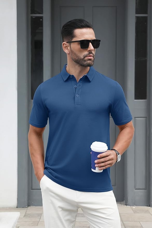 MAGCOMSEN Men's Polo Shirts Short Sleeve Cotton Pique 3 Button Classic Fit Casual T-Shirt Performance Golf Shirts