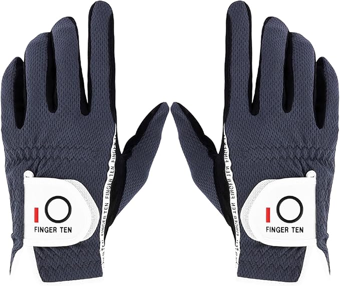 FINGER TEN Premium Rain Grip Men's Golf Gloves 1 Pair, Hot Wet Weather No Sweat Glove for Serious Feel & Performance, Left Right Hand Black Gray White Blue Fit Size S M L XL 2XL 3XL