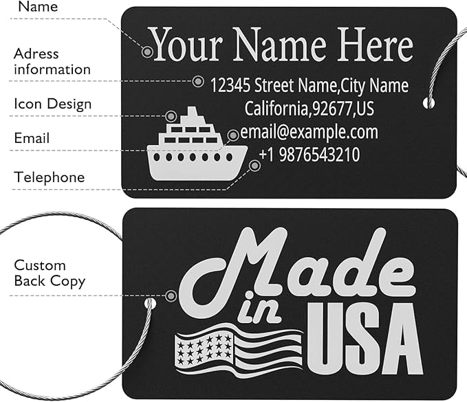 Luggage Tags for Suitcase - Personalized Engraved Metal Tag for Cruise Travel - Custom Name Tags Suitable for Bags and Backpacks Black