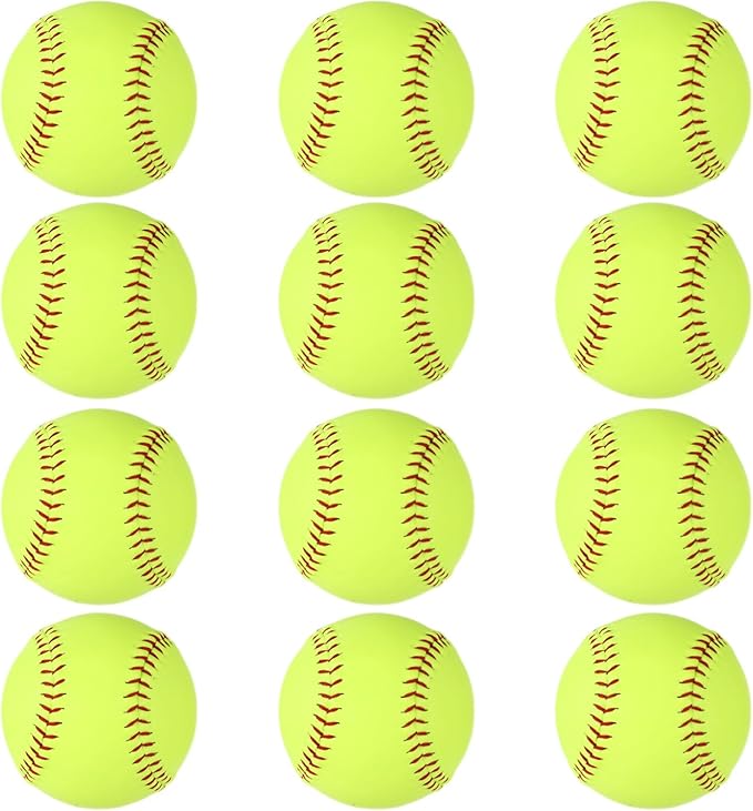 12 Pack Softballs 12 Inch, Softball Practice Balls, Soft Cork Core, Fluorescent Yellow PVC Official Size & Weight Slowpitch Softballs for Training, Games, Practice