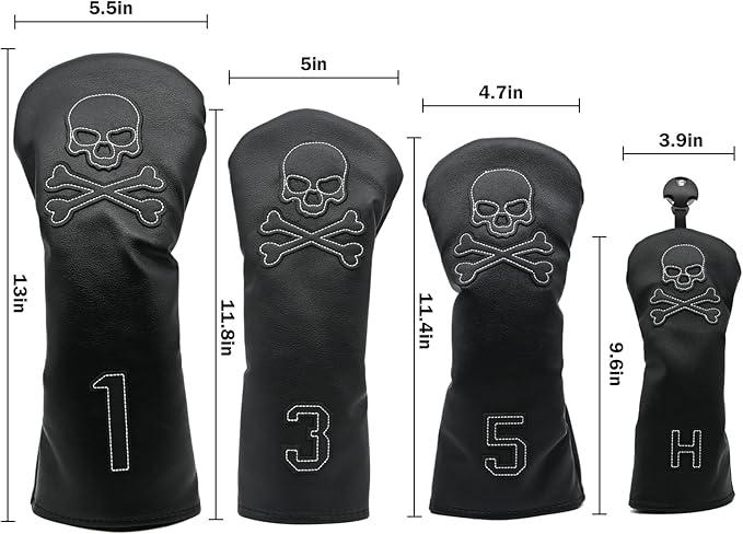 4 Pcs Golf Club Head Covers PU Leather Skull Golf Club Covers for Drivers, Fairway Woods, and Hybrids Fit Most Golf Clubs Golf Headcovers Set