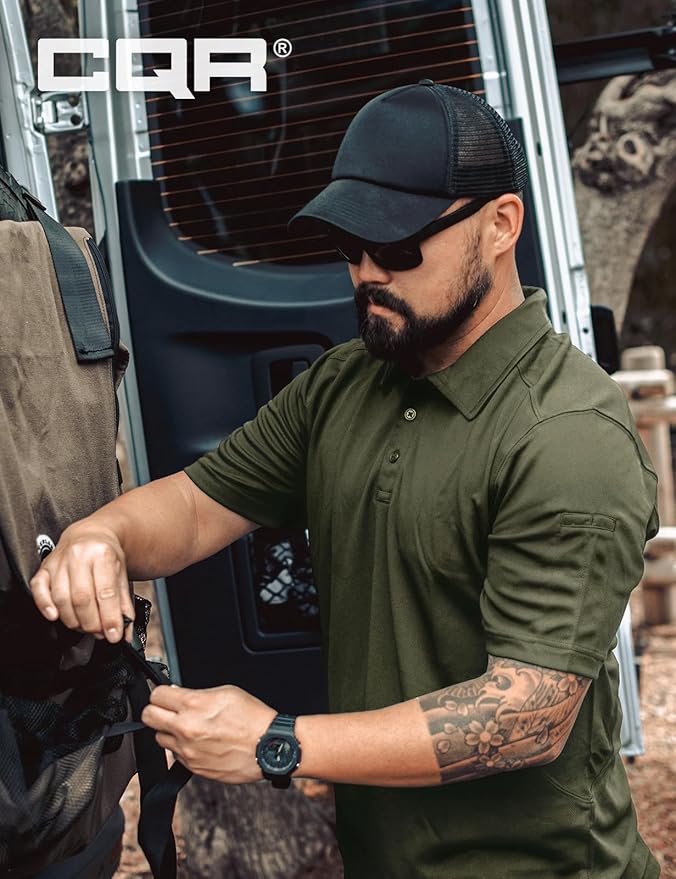 CQR Men's Polo Shirts, Tactical Short Sleeve Golf Performance Shirts, Lightweight Dry Fit UPF 50+ Pique