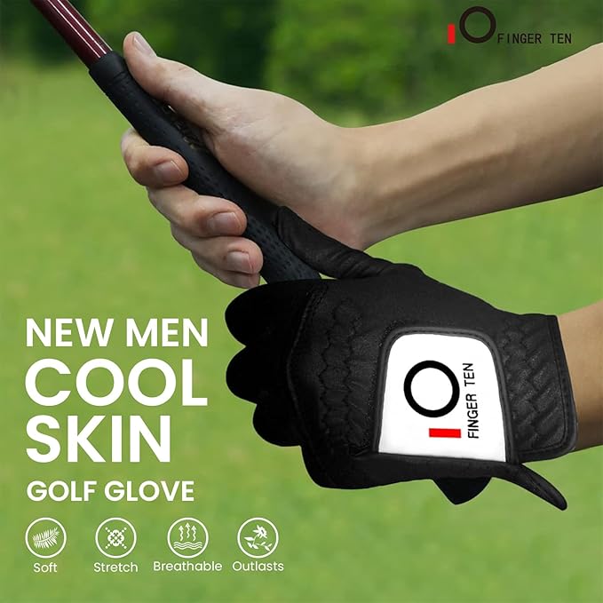 FINGER TEN All Weather Grip Golf Gloves Men Value 3 Pack for Right Handed Golfer, Hot Wet Rain Grip & Comfort Soft Glove for Premium Performance, Colors White Black Blue Sizes S M L XL