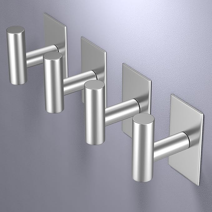 VAEHOLD Wall Towel Hooks, Heavy Duty Sticky Holder Waterproof Towel Hooks for Hanging Coat, Clothes, Closet Hook Wall Mount for Kitchen (Silver, 4 Pack)