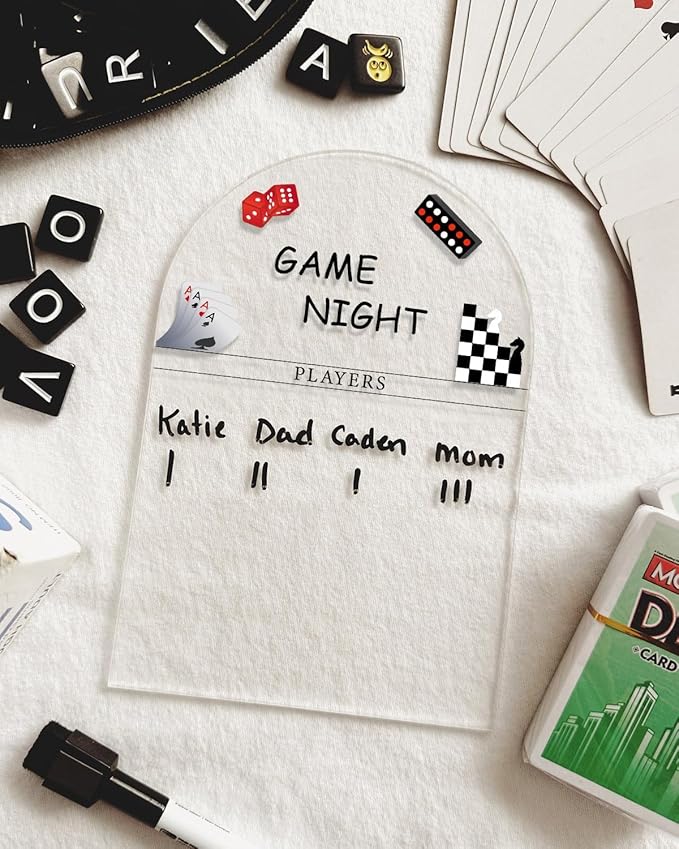 Personalized Family Game Night Scoreboard – Custom Dry Erase Score Tracker Board with Marker, Reusable Acrylic Game Scoreboard (5”X7“)