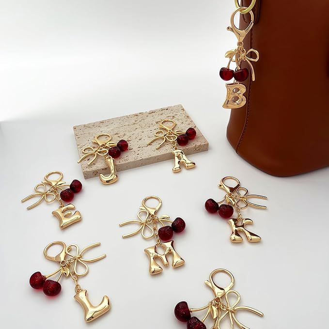 Gold Bubble Heart, Cherry, Bow & More Designs Letter Initial Keychain Bag Charms – Cute Purse Charms for Handbags